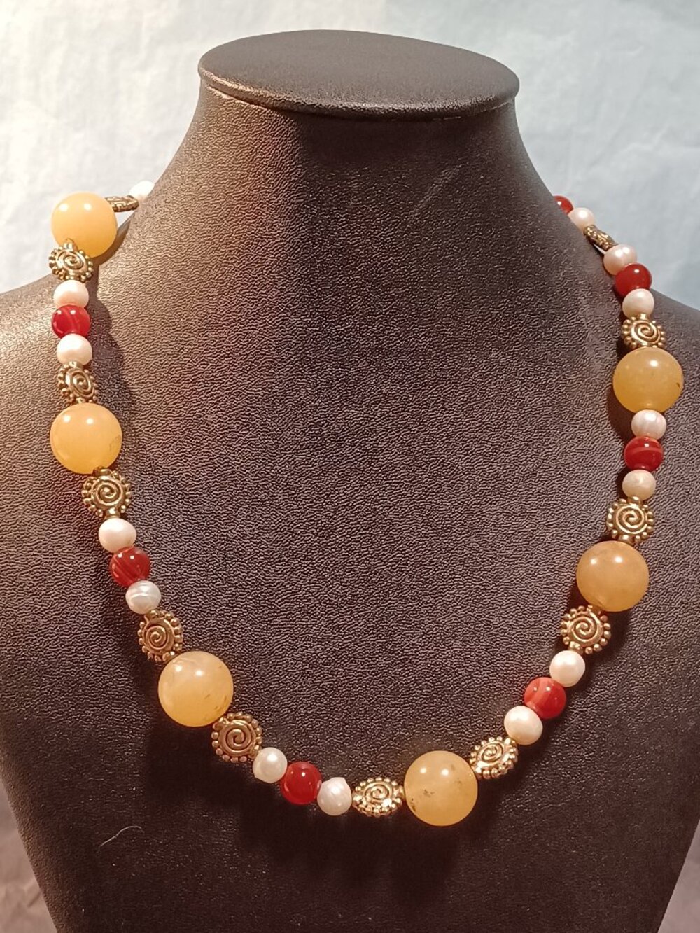 Warm Golden Carnelian, Yellow Calcite & Freshwater Pearl Necklace